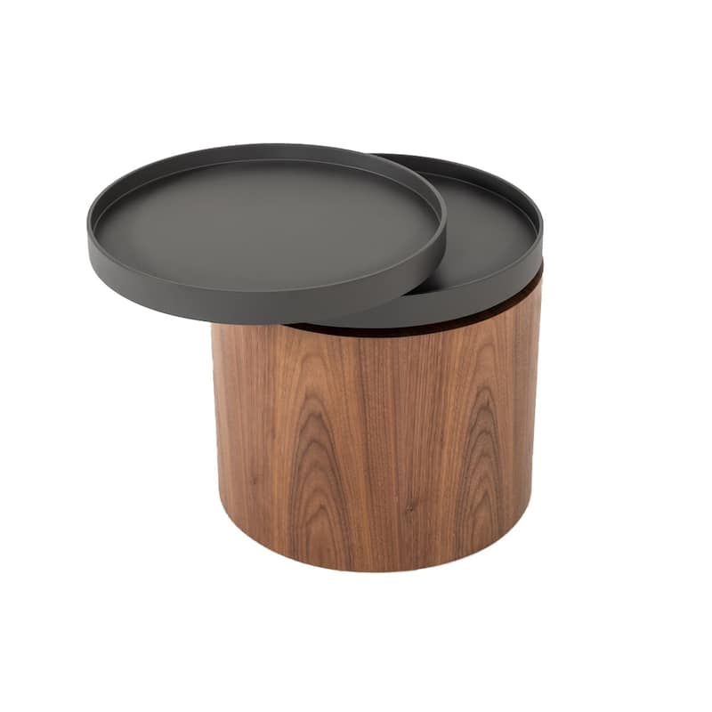 Cylindrical Wooden End Table with Swivel Tray Top, Brown and Black