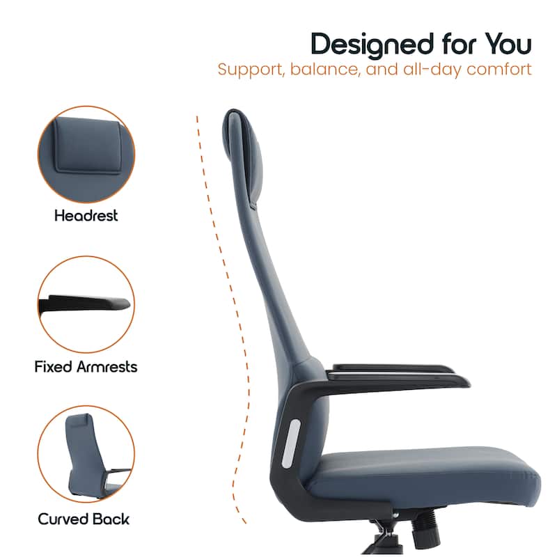 Nexa Ergonomic Leather/Polyester High-Back Office Chair with Padded Headrest, Adjustable Height, Swivel, and Smooth Casters