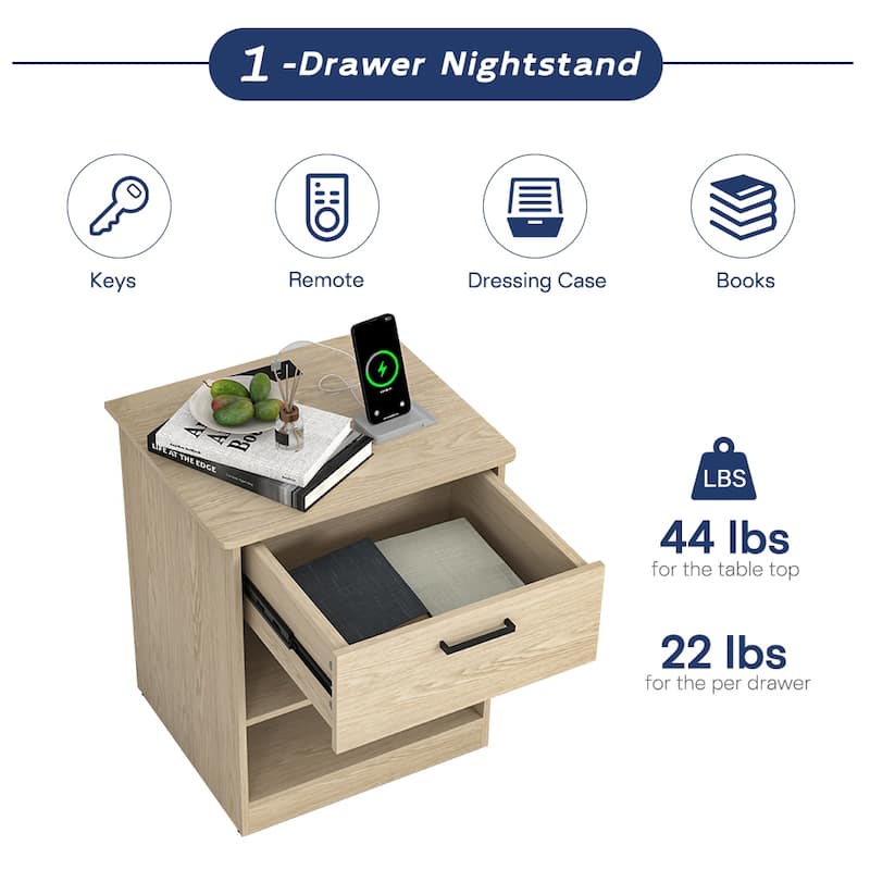 Nightstand with Charging Station,2 USB,Type C,Drawer,Adjustable Shelf