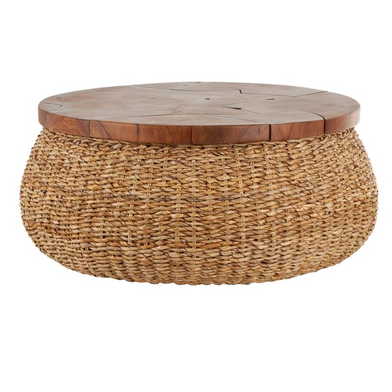 Rattan Wrapped Coffee Table with Teak Tabletop - Brown - Roche River Decor - 35"W x 35"L x 15"H