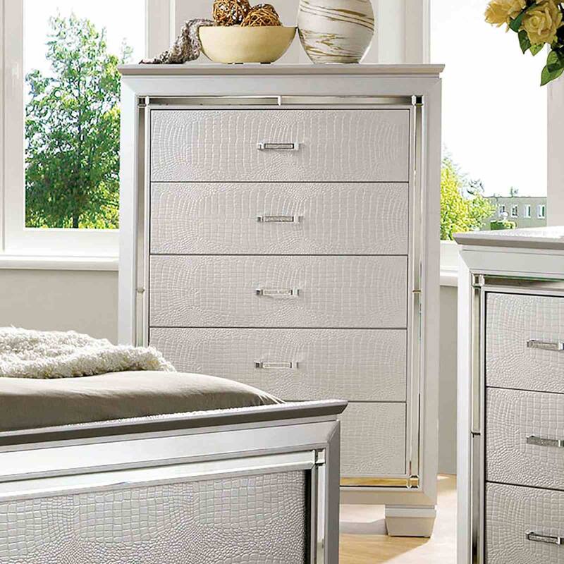 Silver Finish Bedroom Set Contemporary LED Bed Dresser Mirror Nightstand Chest