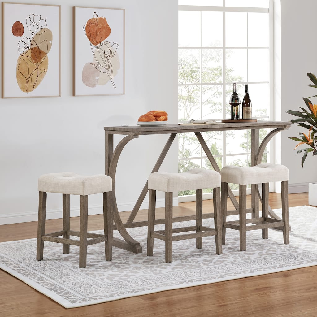 Rustic 59"L Bar Table with Three 24"H Saddle Counter Stools and Built-in Power Outlets