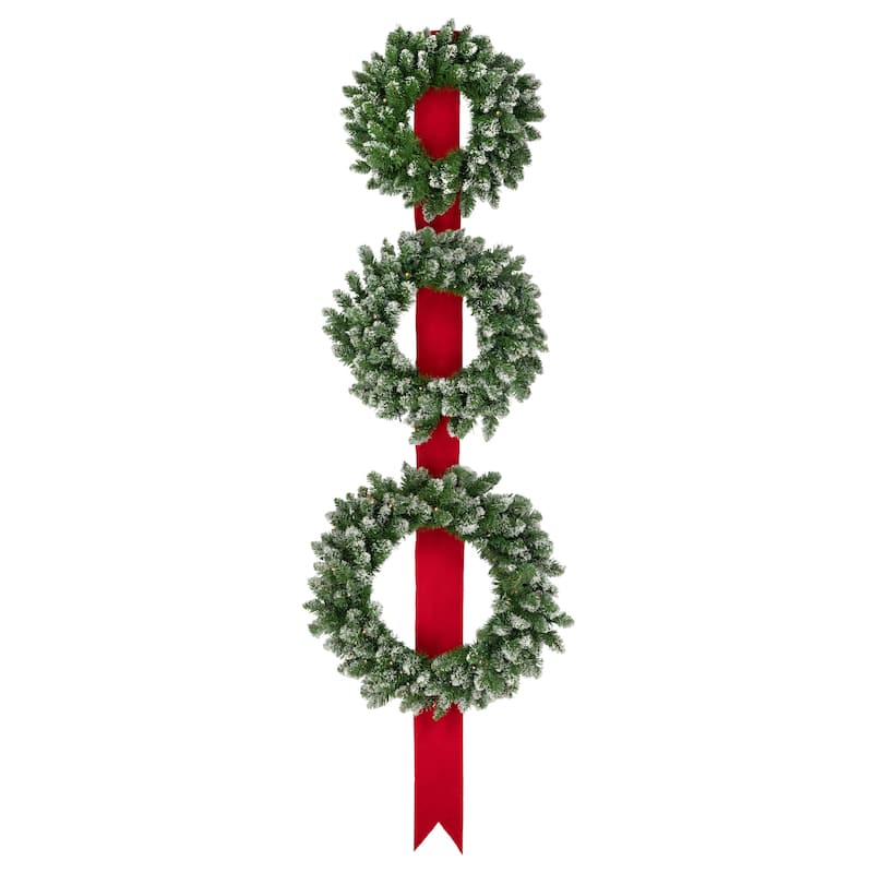 Set of 3 B/O Flocked Wreaths on Red Ribbon Christmas Decoration, 6.5'