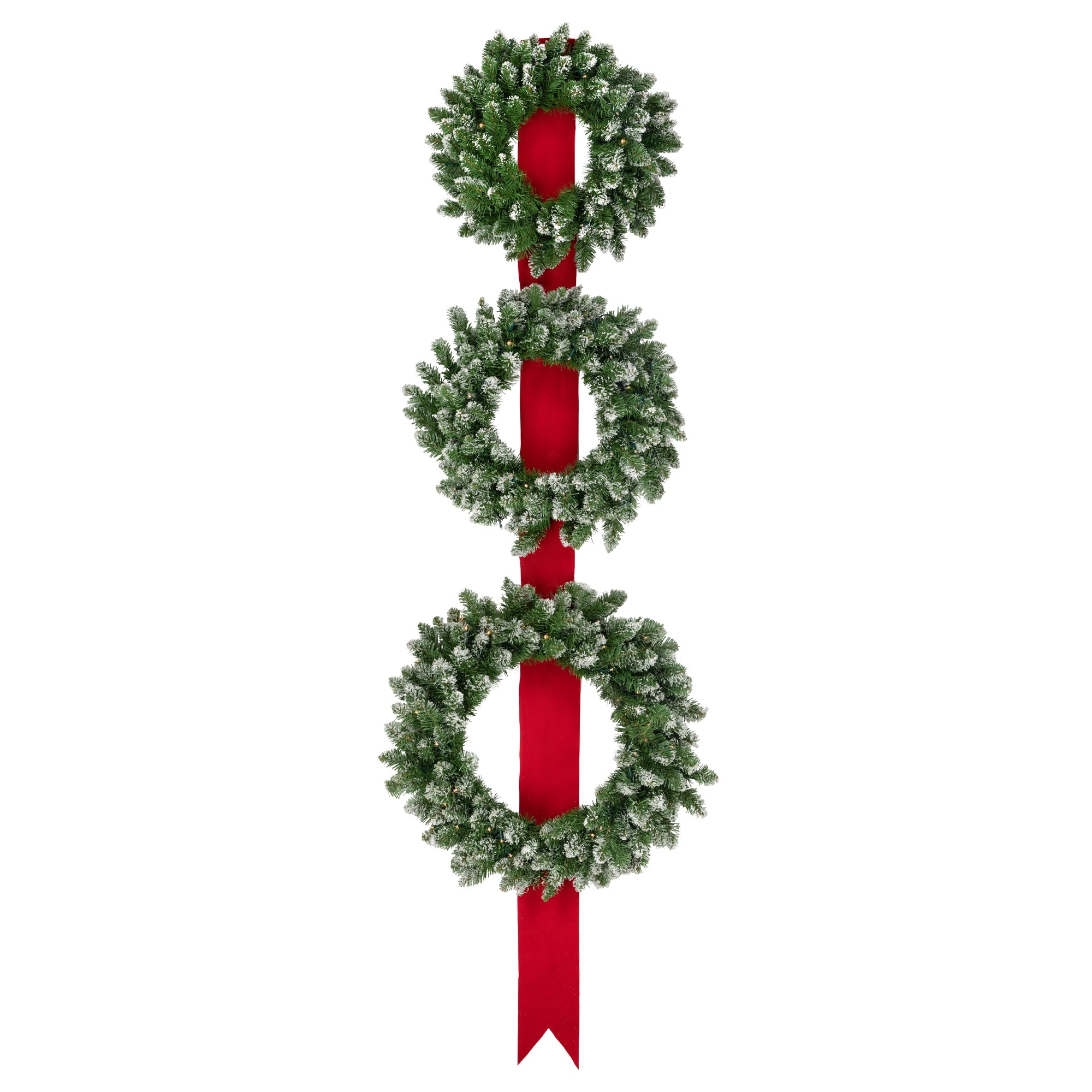 Set of 3 Pre-Lit B/O Flocked Wreaths on Red Ribbon Christmas Decoration 6.5'