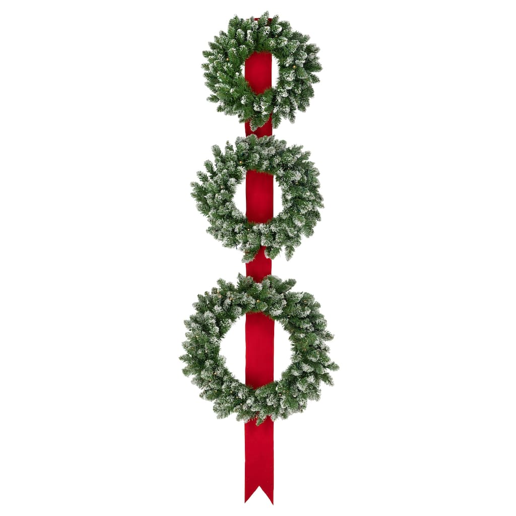 Set of 3 Pre-Lit B/O Flocked Wreaths on Red Ribbon Christmas Decoration 6.5'
