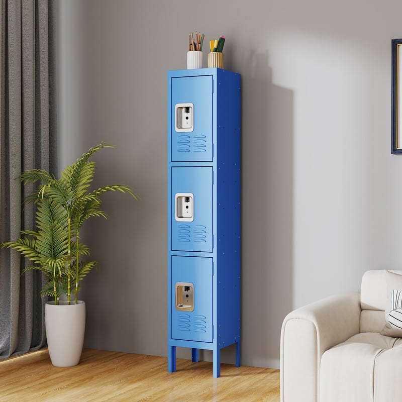 66"H Metal 3 Door Storage Locker for Employees, Gym, Garage - Blue