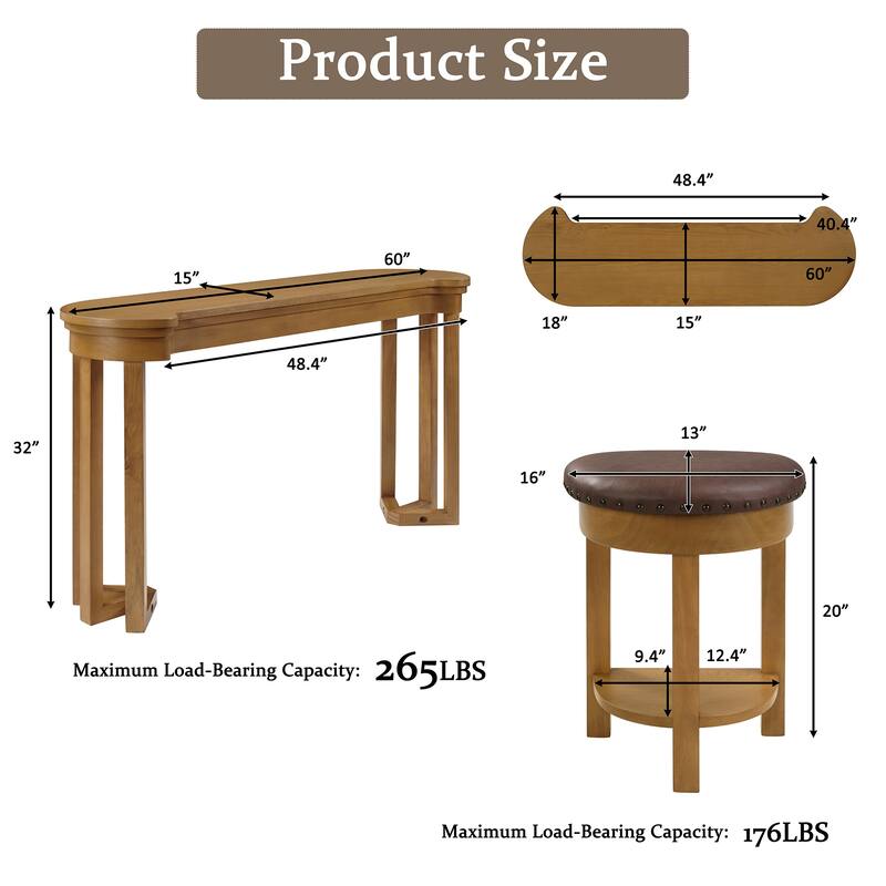 4 Piece Bar Table Set with 3 Bar Stools, Breakfast Table with 3 Padded Stools Solid Wood Counter Height Dining Table Set