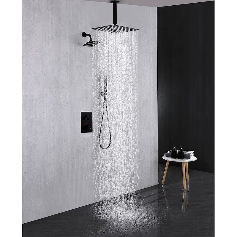 Dual Heads 12" Rainfall & High Pressure 6" Shower System w/ 3 Way Thermostatic Faucet - Matte Black - Matte Black