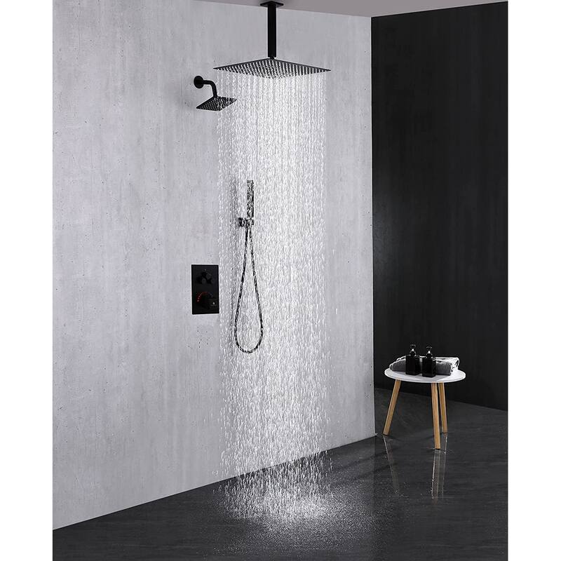 Dual Heads 16" Rainfall & High Pressure 6" Shower System w/ 3 Way Thermostatic Faucet - Matte Black - Matte Black