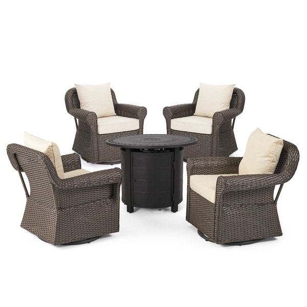 Amaya Outdoor 4 Seater Wicker Swivel Chair and Fire Pit Set by