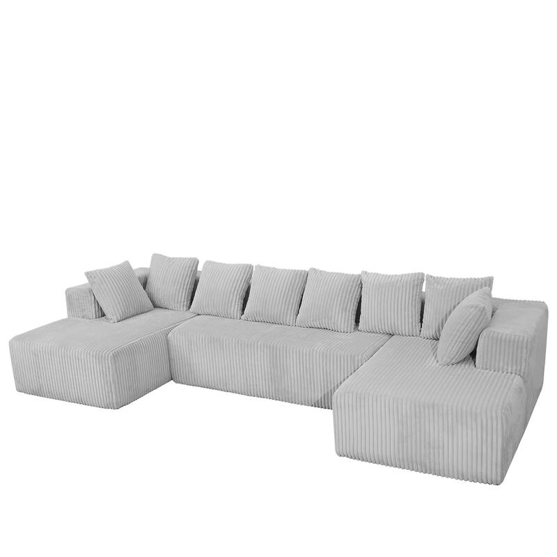 130-inch 4-Seater Modular U-Shaped Sectional Sofa in Grey Corduroy Fabric, Reversible and Zero Assembly