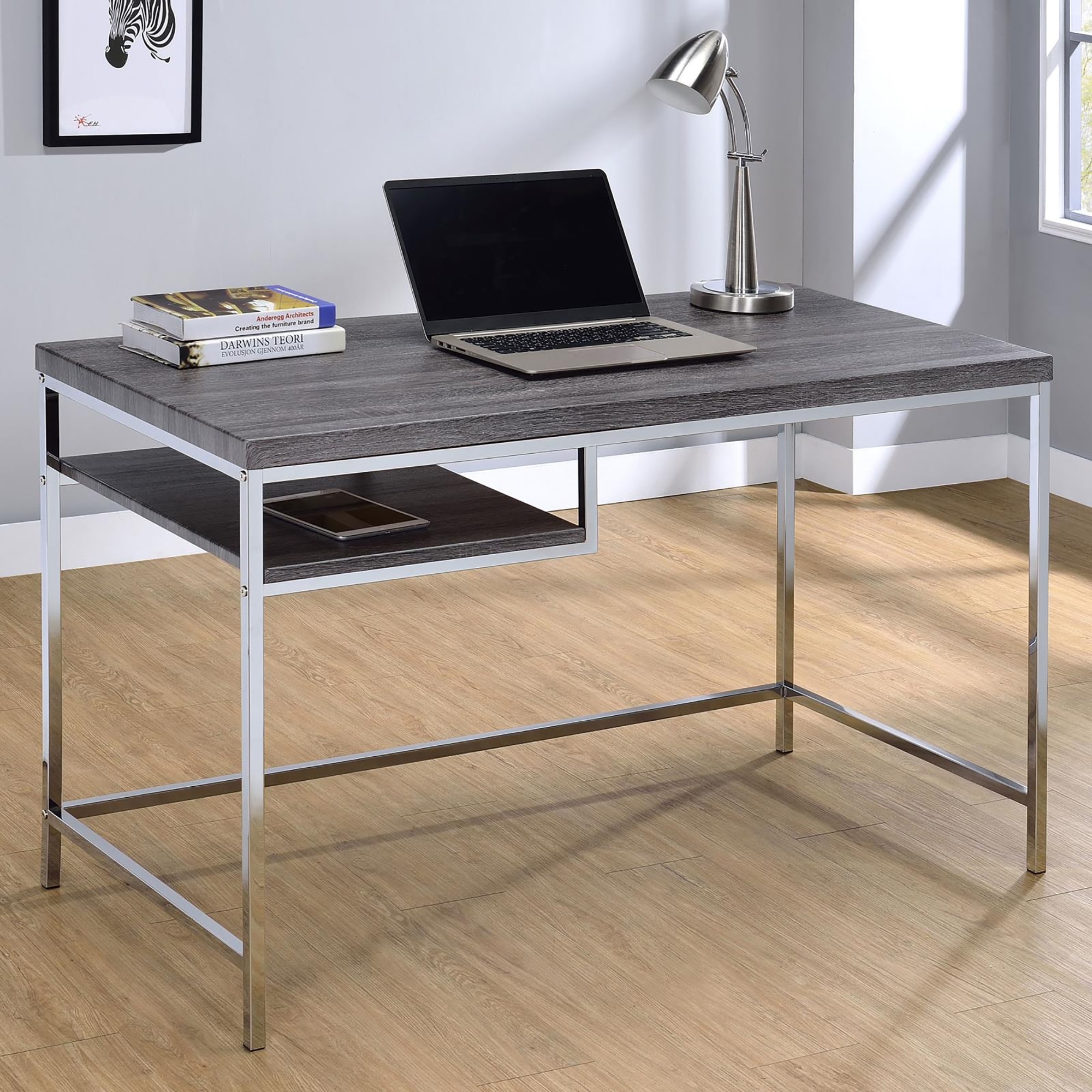 Contemporary Writing Desk with Weathered Gray Finish, Compact Design, and Convenient Open Storage for Small Spaces