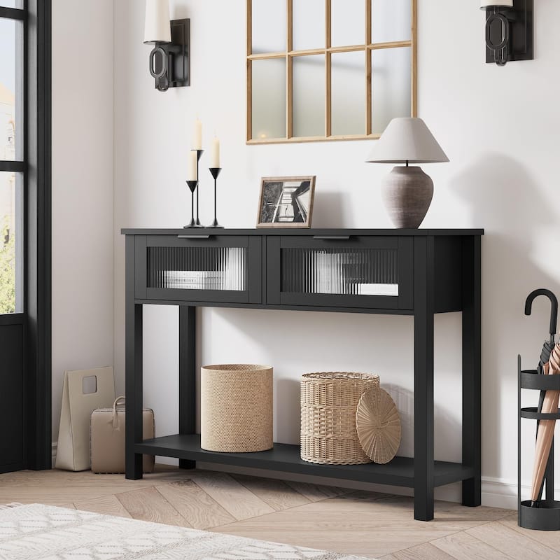 Farmhouse Console Table with 2 Glass Drawers & Shelf