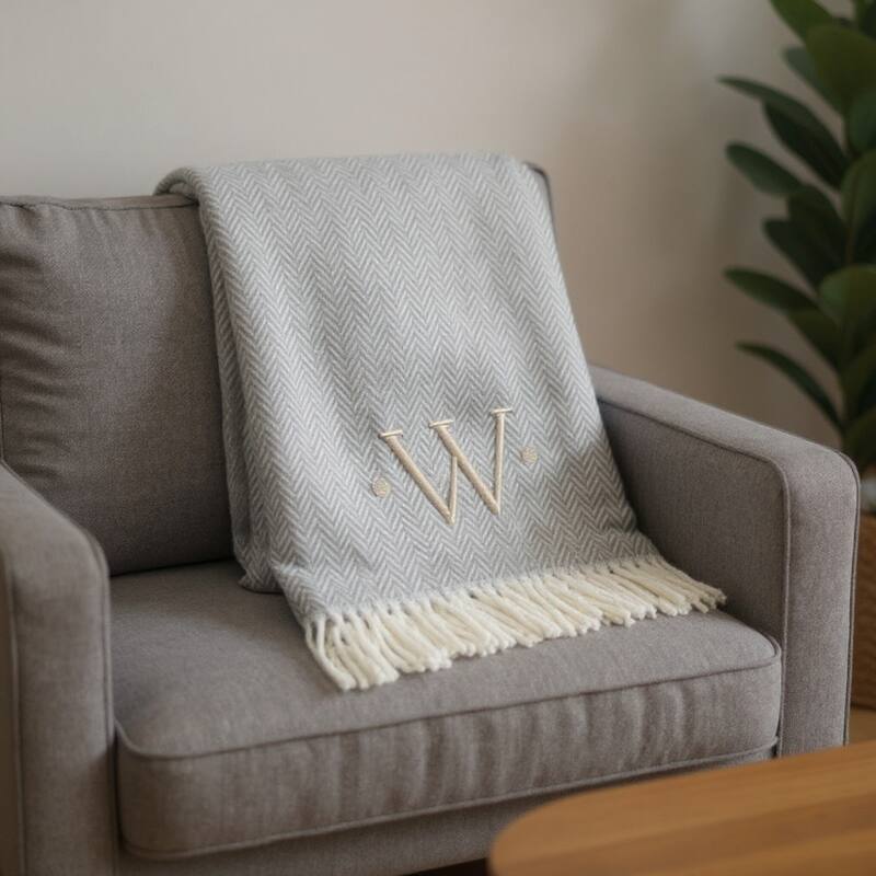 55" X 70" Gray And White Herringbone Cotton Blend A Initial Throw Blanket with Tassels And Embroidery