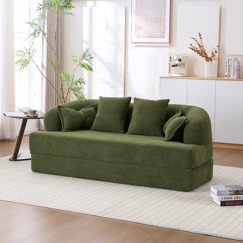 Modern 2-in-1 2-Seater Sofa Folding Sofa Bed with 4 Pillows, Chenille Fabric, for Apartment Living Rooms, Green