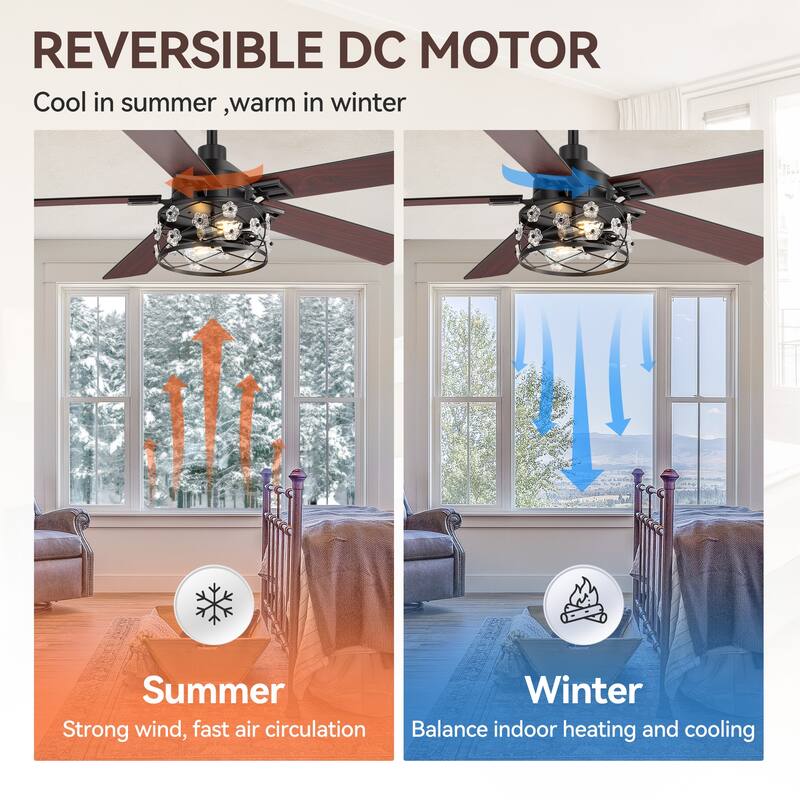 52" Reversible 5-Blade Farmhouse Glam Floral Glass Caged Ceiling Fan with Light and Remote