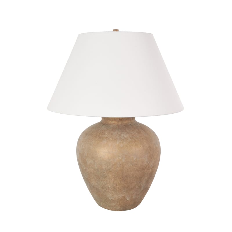 Ceramic Wide Rounded Distressed Antique Table Lamp with Cream Linen Shade - Black or Brown - Roche River Decor