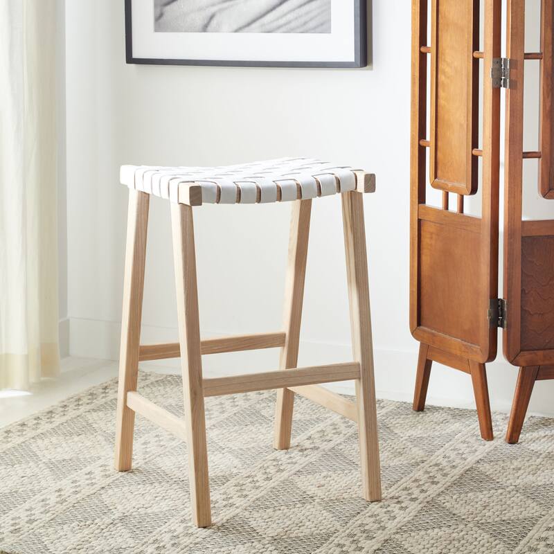 SAFAVIEH Remzija 30-inch Woven Leather Rectangle Bar Stool - 20" W x 19" D x 30" H - White/Light Natural