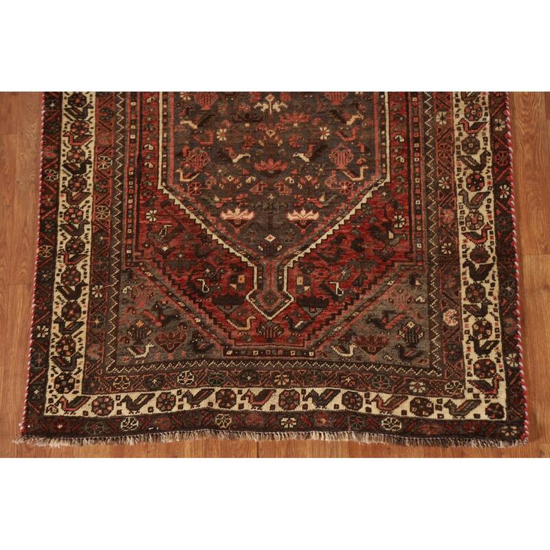 Hand-knotted Qashqai Persian Vintage Area Rug Grey Wool Carpet - 3'9"x 5'6"