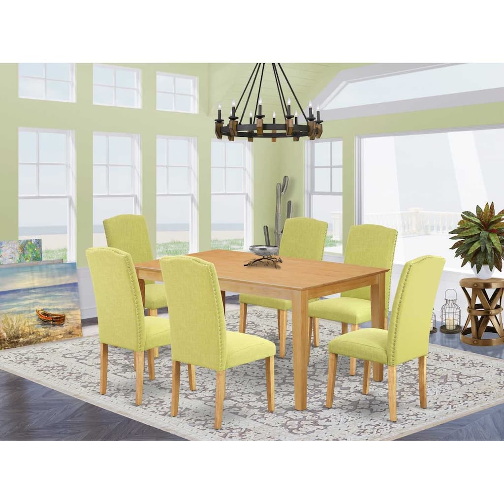 HomeStock 7-Piece Rectangle Natural Oak Finish Solid Wood Top Dining Table with 6 Parson-Chairs with Lattice Back