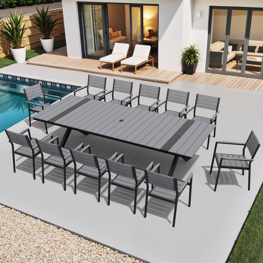 13-Piece Outdoor Dining Set Aluminum Rectangular Table with Umbrella Hole and Stackable Chairs