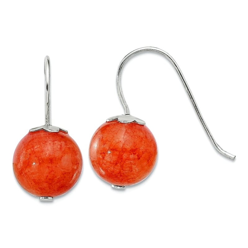 Curata 925 Sterling Silver Jade, Coral or Tiger's Eye 10mm Ball Hook Earrings - 21x10mm - Orange Coral - Coral