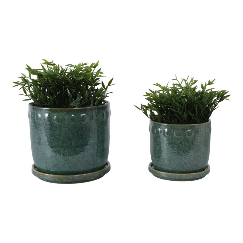 Ceramic Planter with Saucer, Bubble Trim Design - Set of 2, 8",6", Green