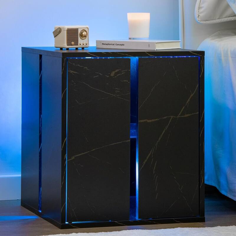 Nightstand with Glass Shelves and Led Lighting - Black