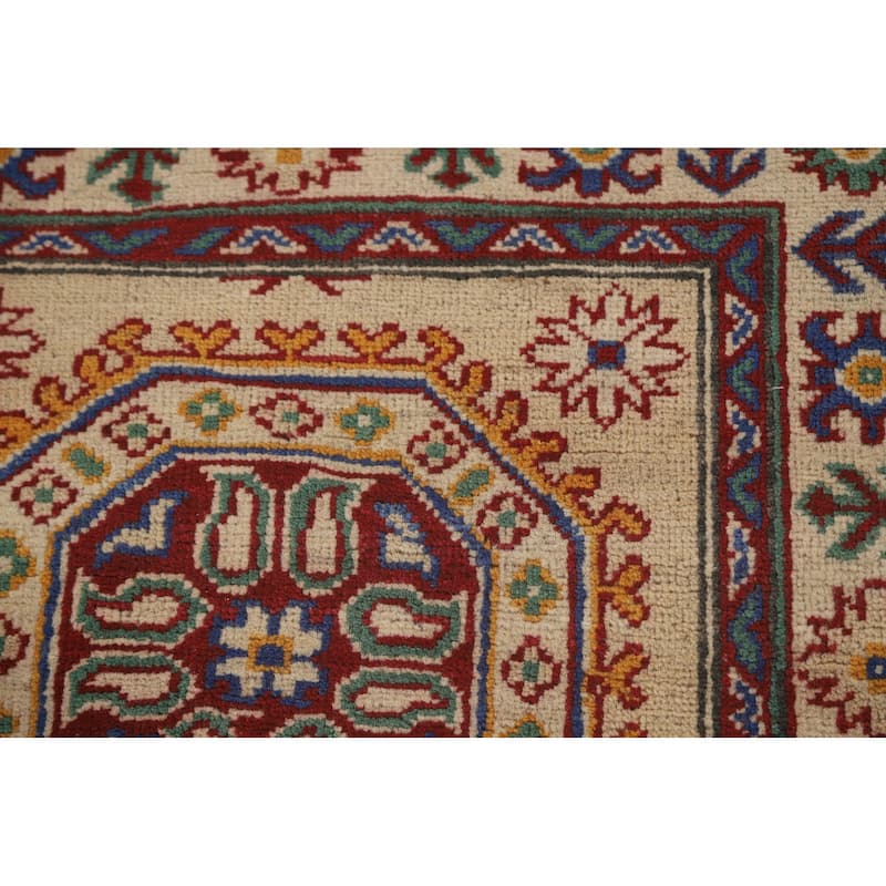 Geometric Kazak Runner Rug Hand-Knotted Yellow Wool Carpet - 2'10" x 13'0"
