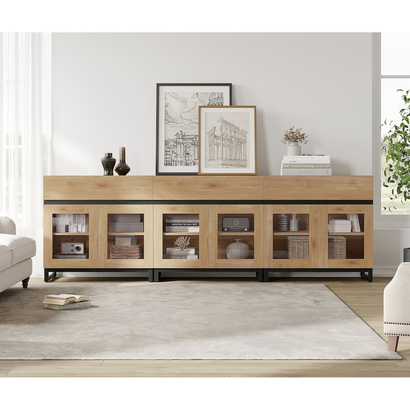 WAMPAT Modern TV Stand with Glass Doors for 110 inch TVs, Entertainment Center Console with 3 Drawers and Metal Base