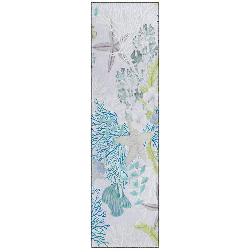 Indoor/ Outdoor Surfside Coral Reef Washable Rug New - Aqua - 2'3" x 7'6"