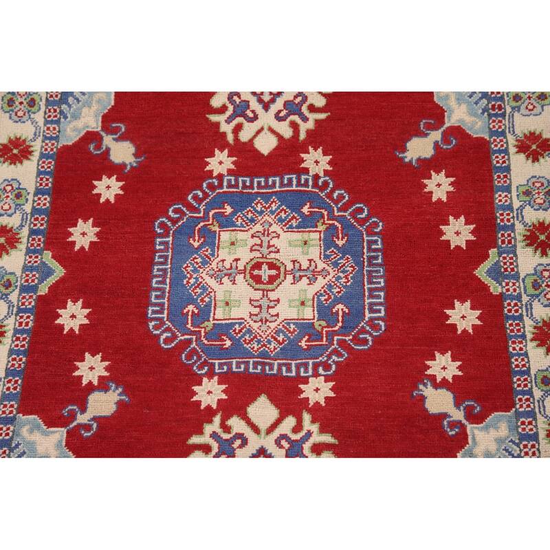 Red Kazak Rug Handmade Geometric Wool Carpet - 3'5"x 5'1"