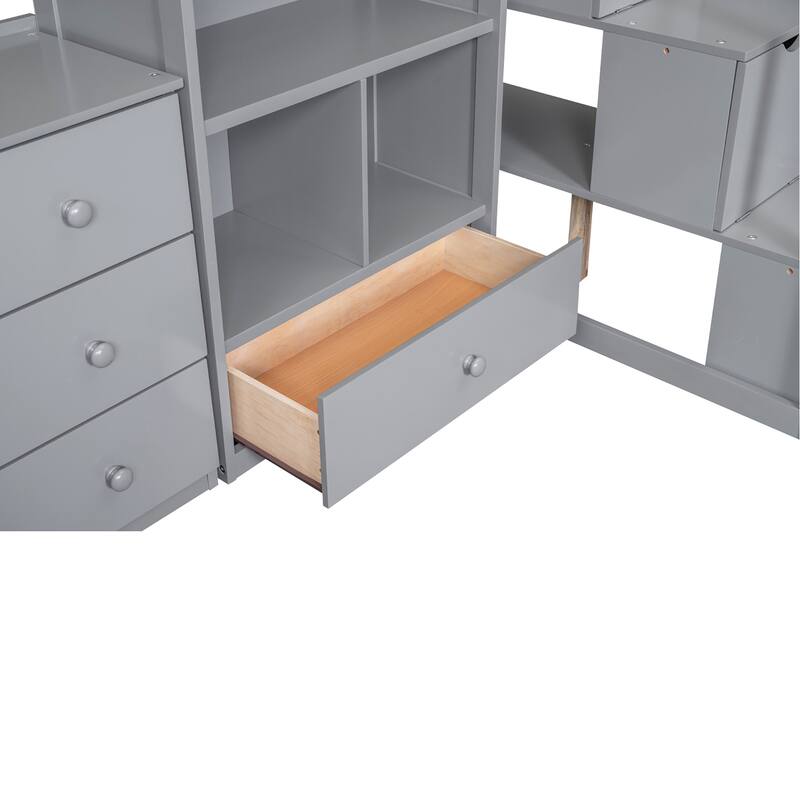 Twin/Full Loft Bed with L-Shaped Desk and Storage Staircase, Multi-Functional Solid Wood Loft Bed Frame with Drawers & Bookcase