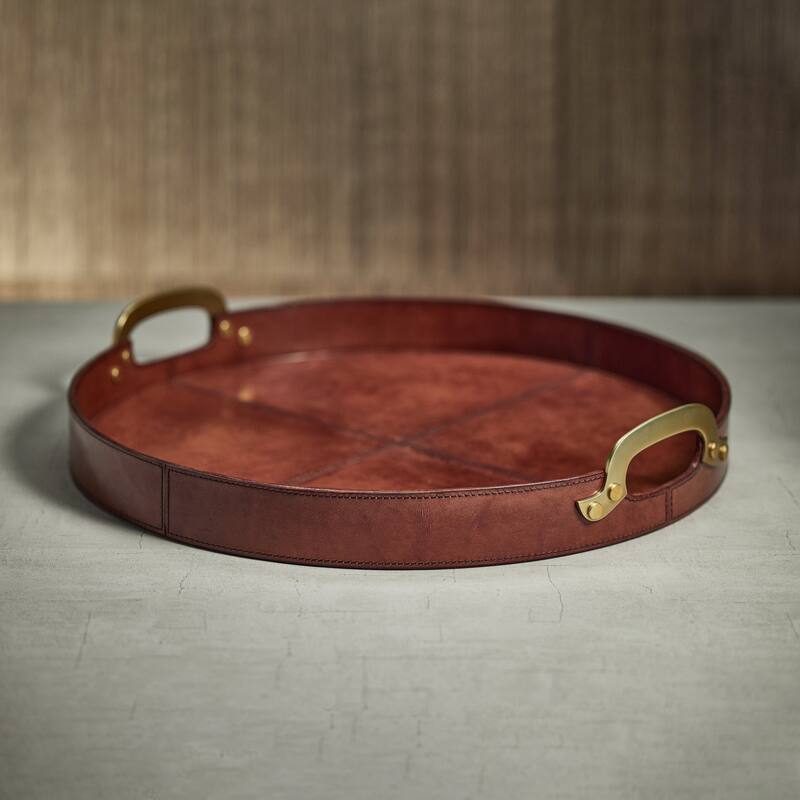 Harlow Leather with Brass Handles Round Tray