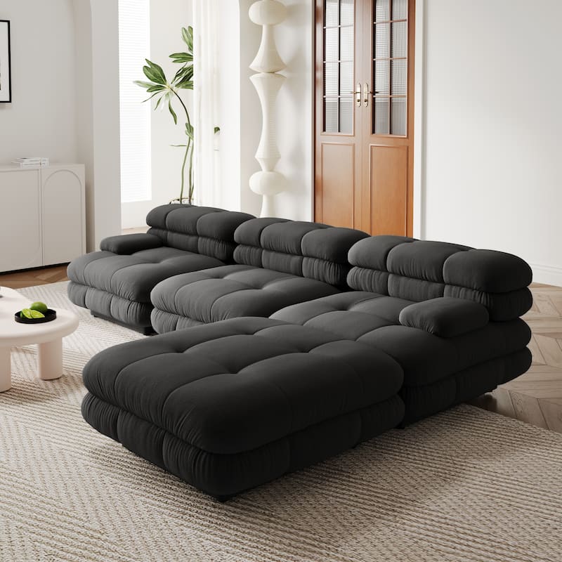 109'' Teddy Velvet Fabric Sectional Sofa L-Shaped Couch with Ottoman