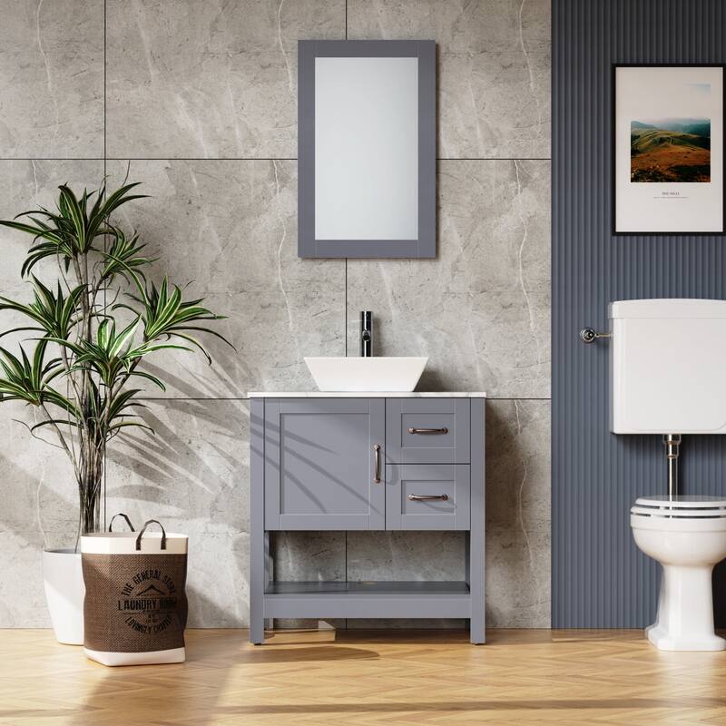 30 Inch MDF Freestanding Bathroom Vanity Set in Gray with Wood Top and Ceramic Sink and Faucet - 30" x 35" in. - Painted - Grey