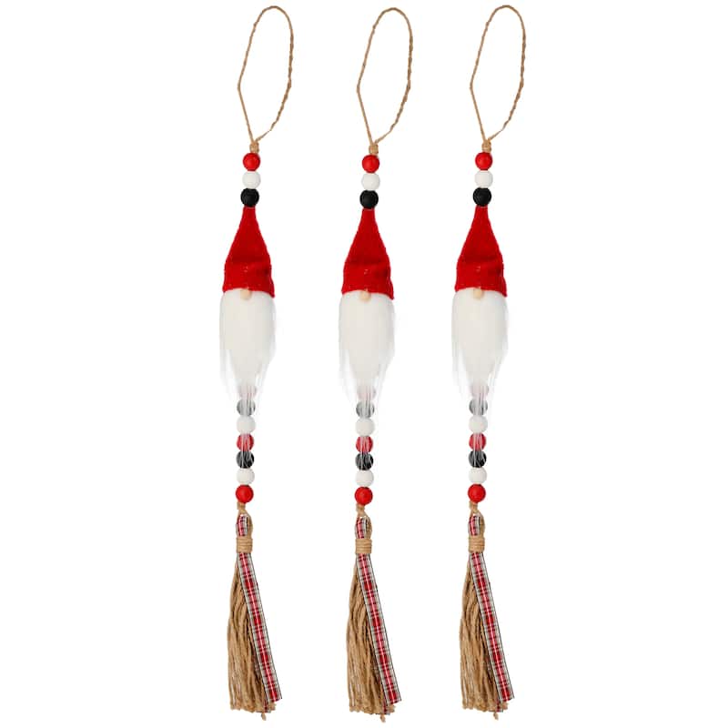 18.5" Wood Bead Santa Gnome Tassel Ornament Set of 3