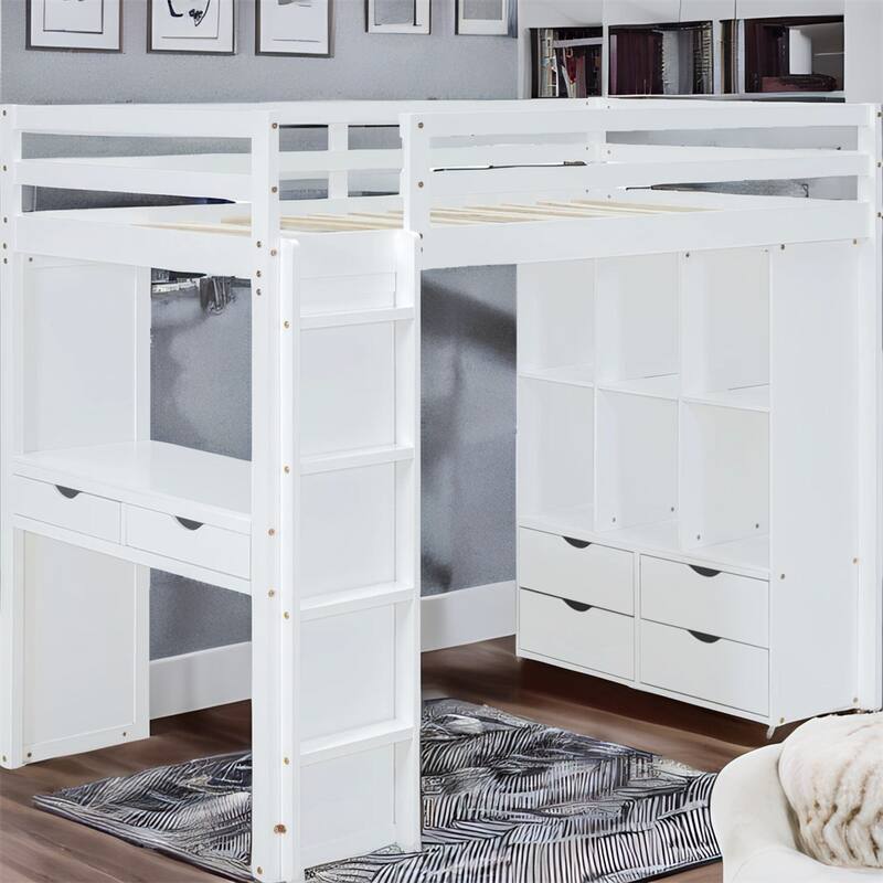 Full Size Loft Bed with large shelves, writing desk and LED Light