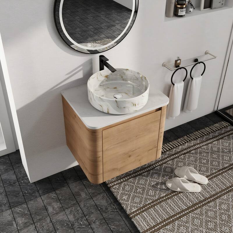 Malwee 24"/30" Floating Bathroom Vanity, Wall Mounted Bathroom Vanity with Ceramic Sink and Soft Close Door - 23.6"×18.5"×24.4" - Brown-White with golden lines