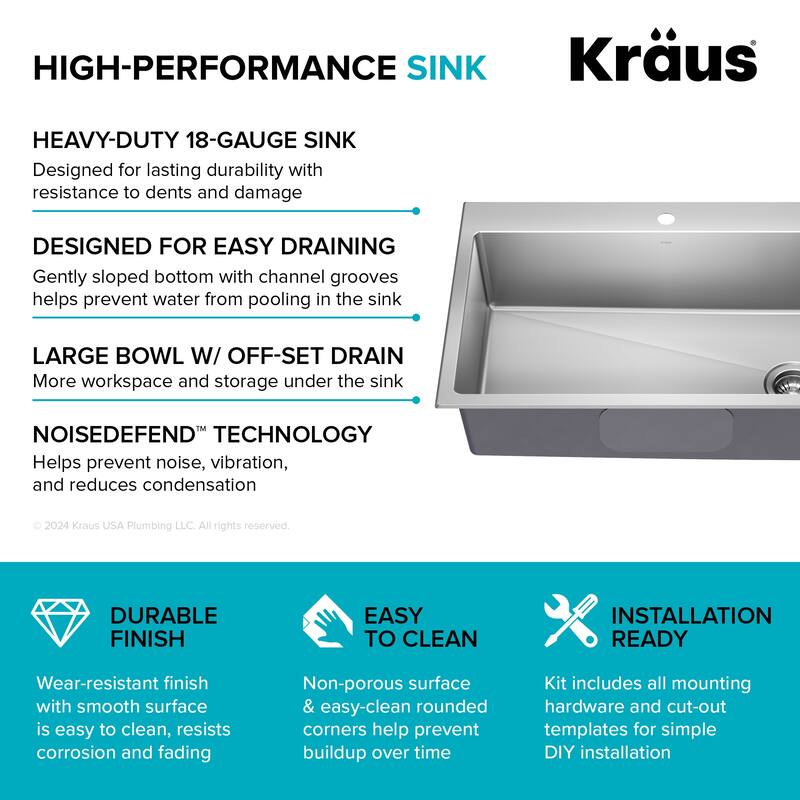 Kraus KHT640-33 Fairlane 33" Drop In Single Basin Stainless Steel