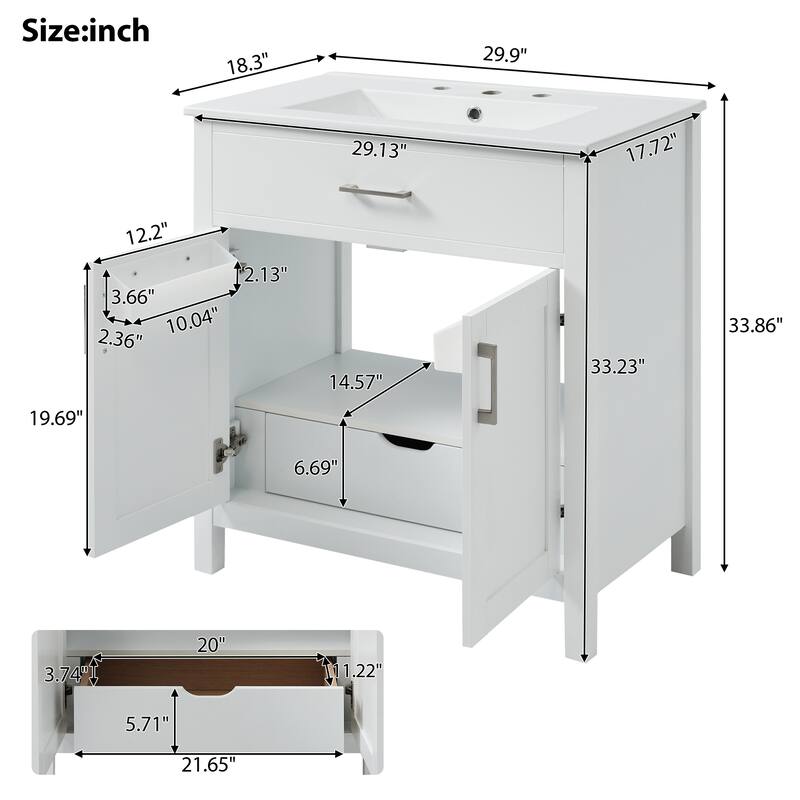 30 in. W x 18.3 in. D x 34 in. H Single Sink Freestanding Bath Vanity in White with White Ceramic Sink