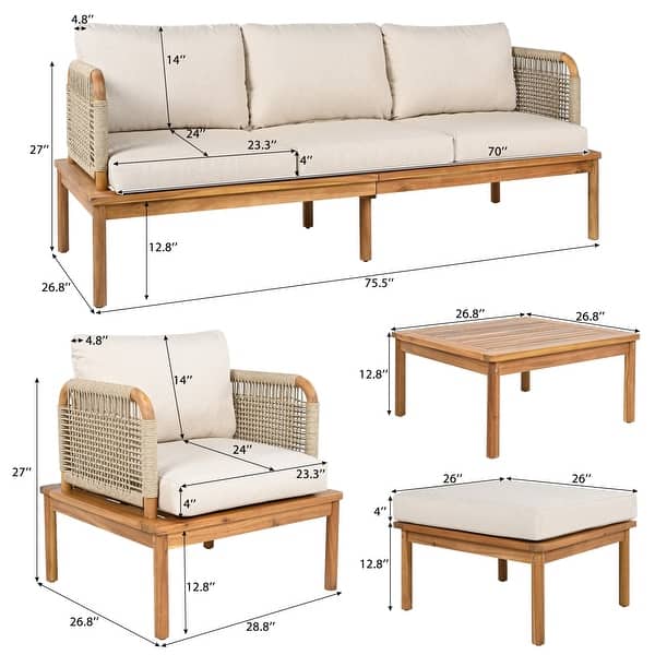 Outdoor 4-Piece Acacia Wood and Rope Patio Sofa Set
