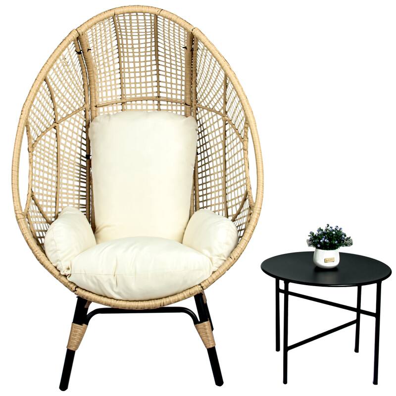 Outdoor Patio PE Wicker Egg Chair with Rattan Cushion and Side Table
