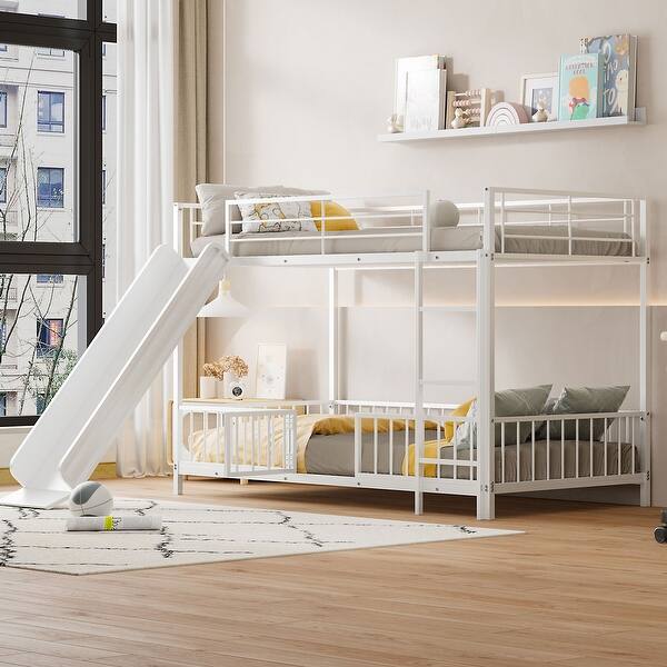slide 2 of 20, White Twin over Twin Size Metal Bunk Bed with Slide and Guardrails for Kids Twin over Twin - White