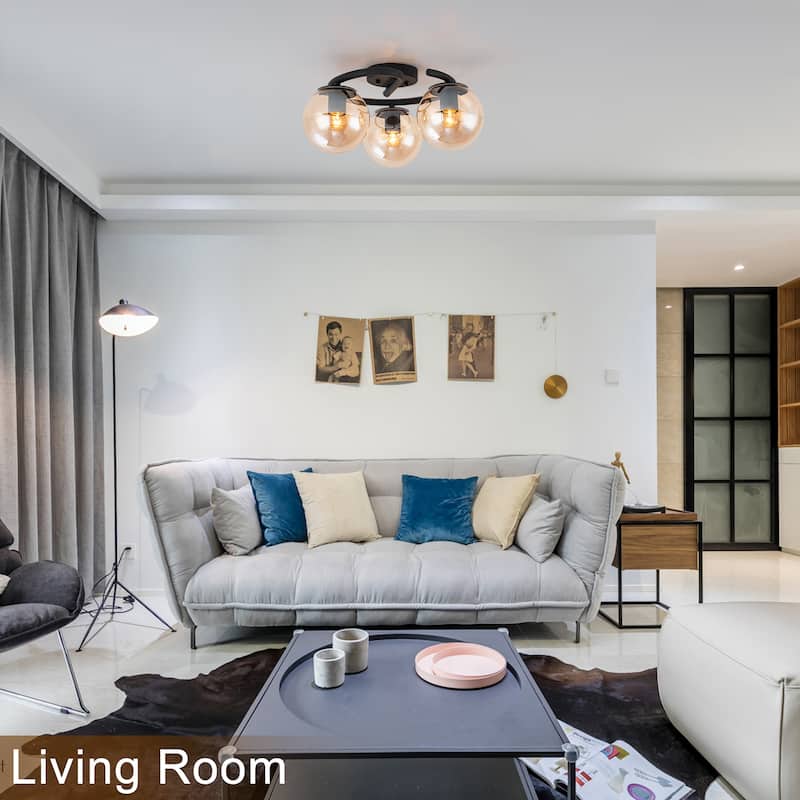 3 Light Matte Black Flush Mount Lighting Industrial with Amber Glass Globes - Dia.16.93-in