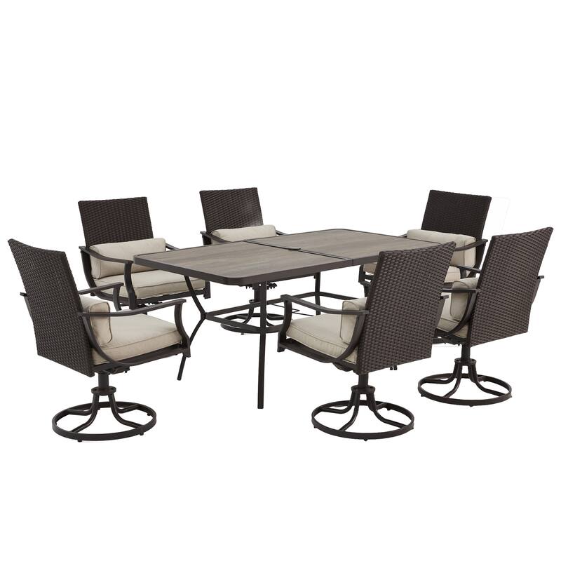 EROMMY Outdoor Dining Set, Swivel Rocking Chairs, Rectangular Table w Umbrella Hole, Patio Furniture Set for Backyard