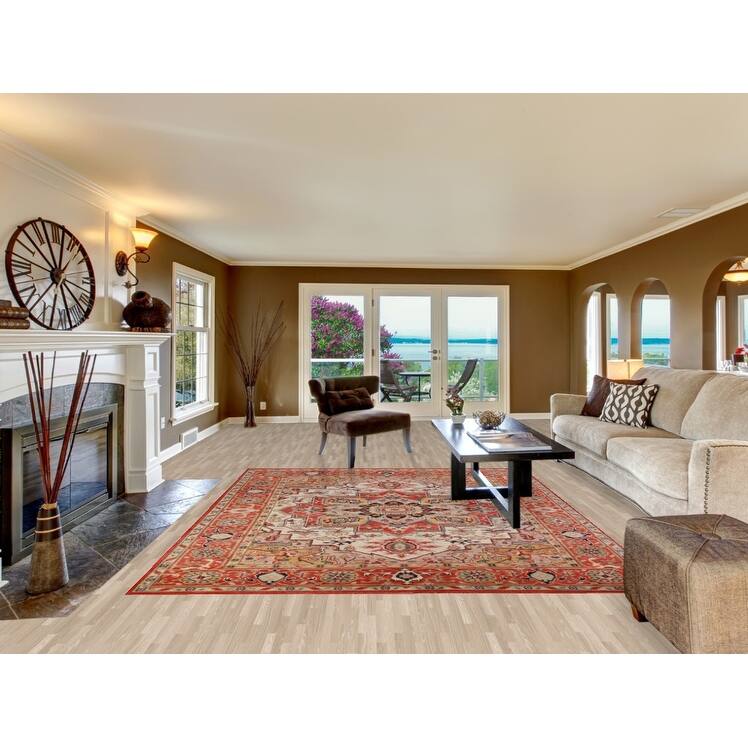 Geometric Heriz Serapi Oriental Rug Handmade Beige Wool Carpet - 7'11" x 9'10"