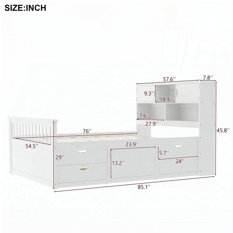 Captain Platform Bed Frame with Storage Bookcases and Shelves