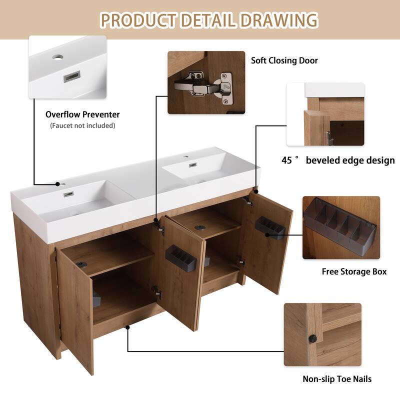 BNK 24/30/48/60 inch Freestanding Resin Sink Bathroom Vanity with Soft Close Door and Adjustable Shelf