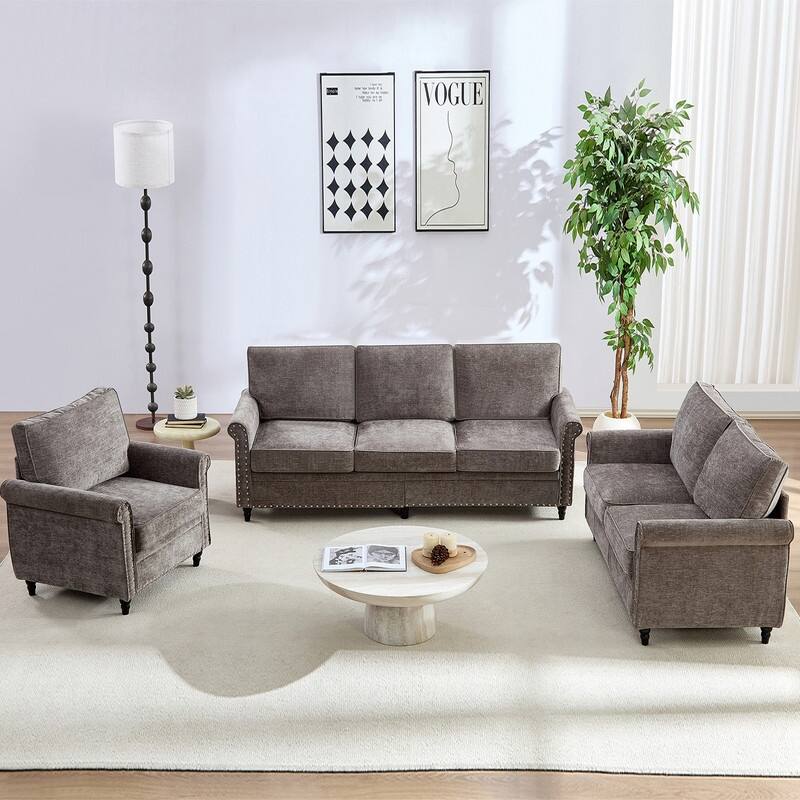 Mixoy 3Piece Chenille Living Room Sofa Set,Modern 3-Seater Sofa Couch&Loveseat Sofa&Single Sofa Armchair Set,Unique Riveted Look